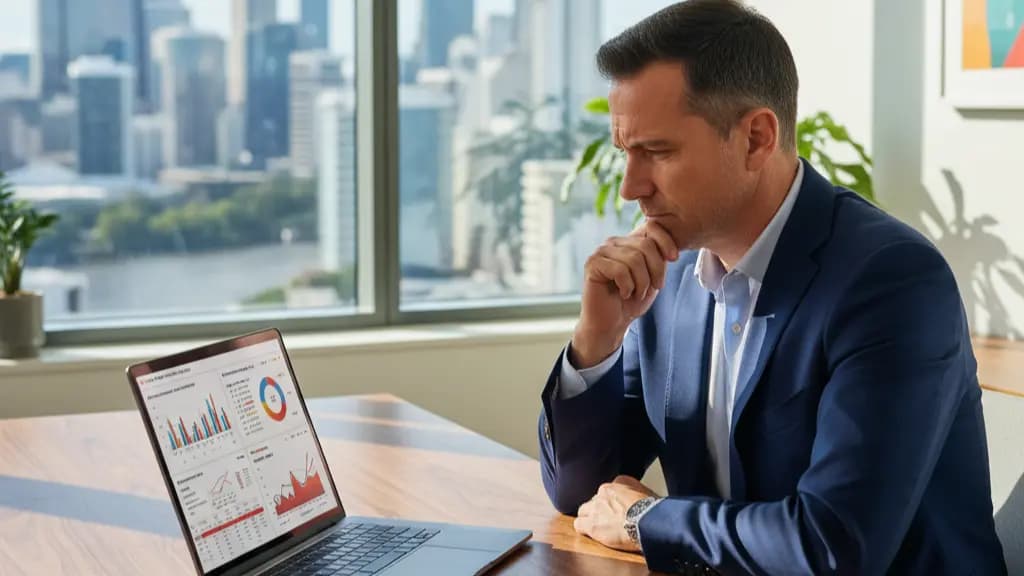 A Brisbane business owner looking with concern at a performance graph on their laptop.