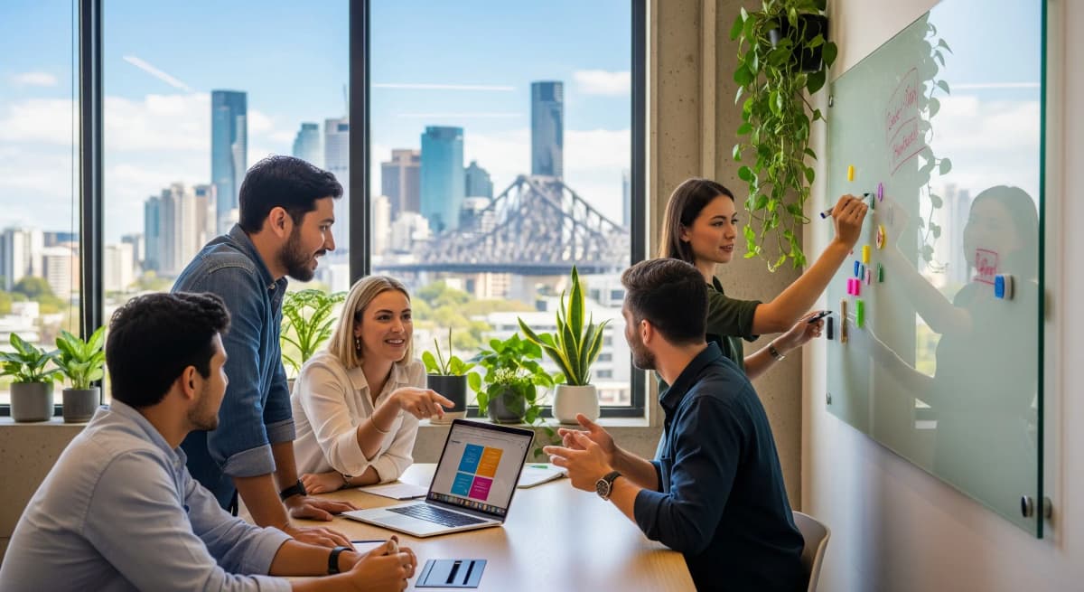 A group of startup founders in Brisbane discussing common SEO mistakes on a whiteboard.