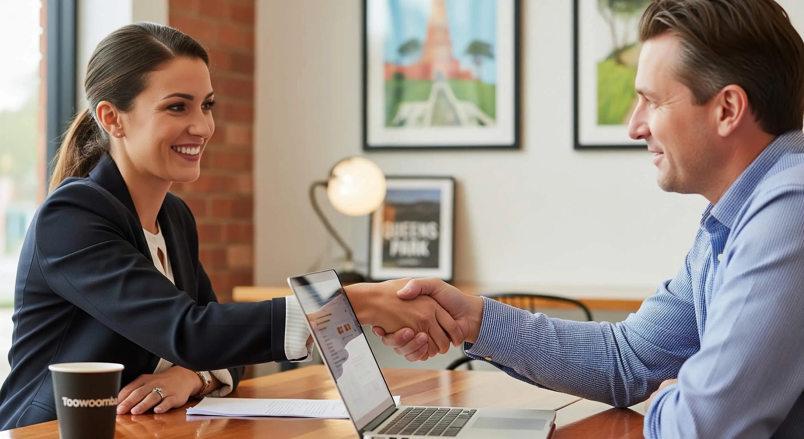 A Toowoomba business owner shaking hands with a digital marketing consultant.