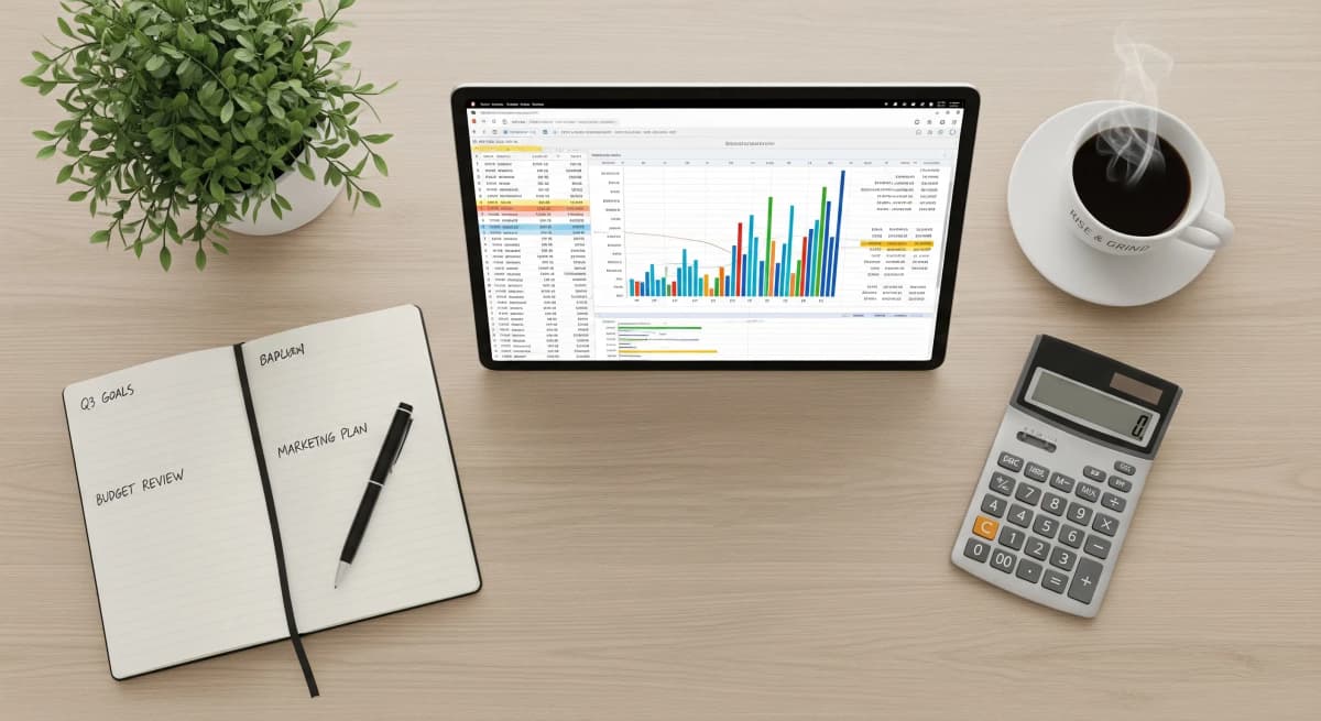 A Toowoomba business owner planning their digital marketing budget with a calculator and notepad.