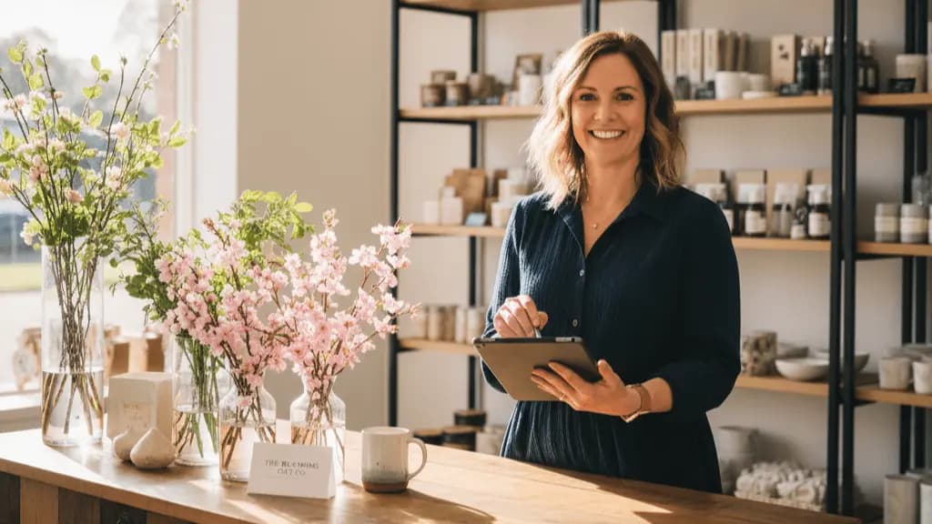 A Toowoomba retail store owner planning their Christmas marketing on a laptop in their shop.