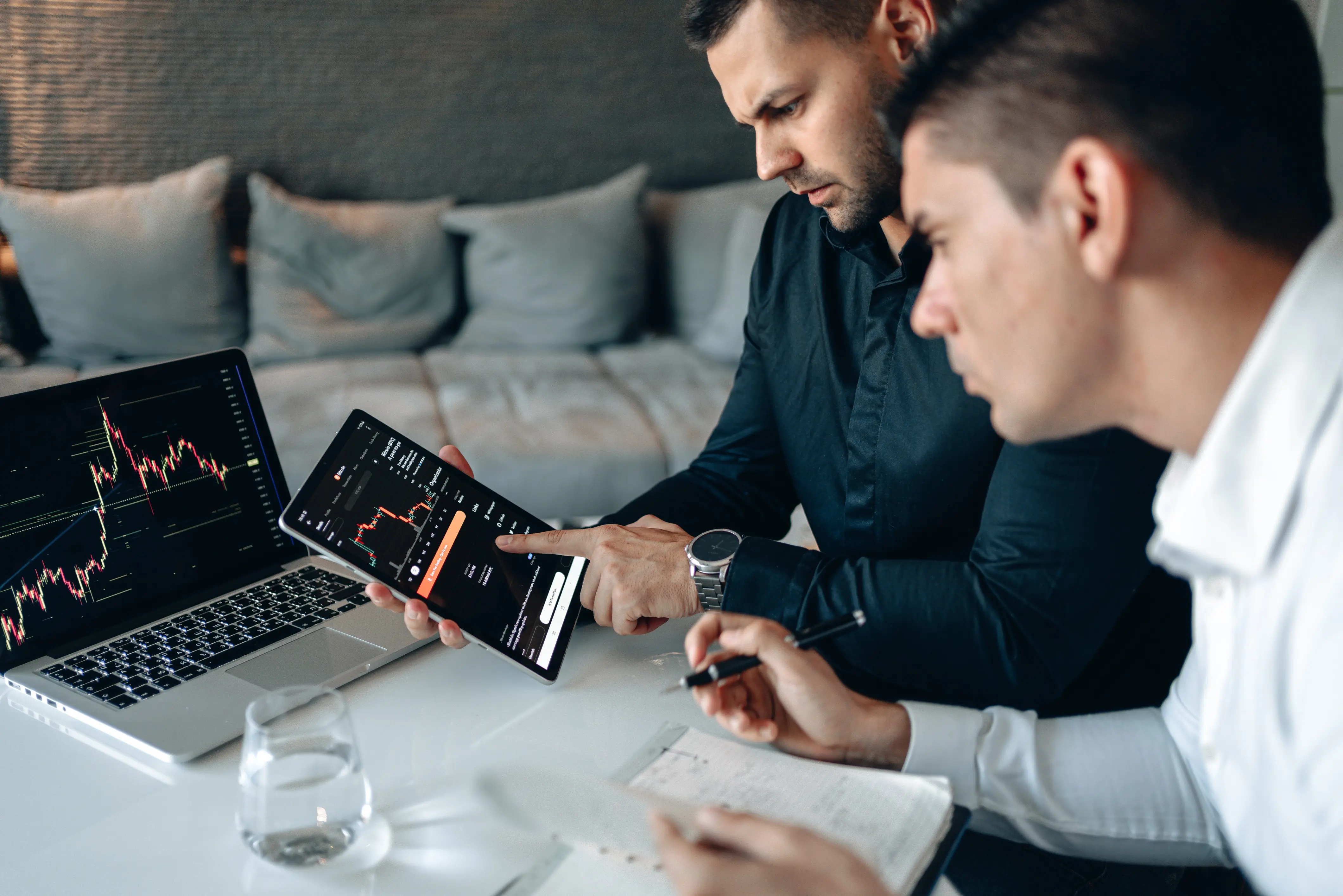 Two business owners discussing local SEO strategies.